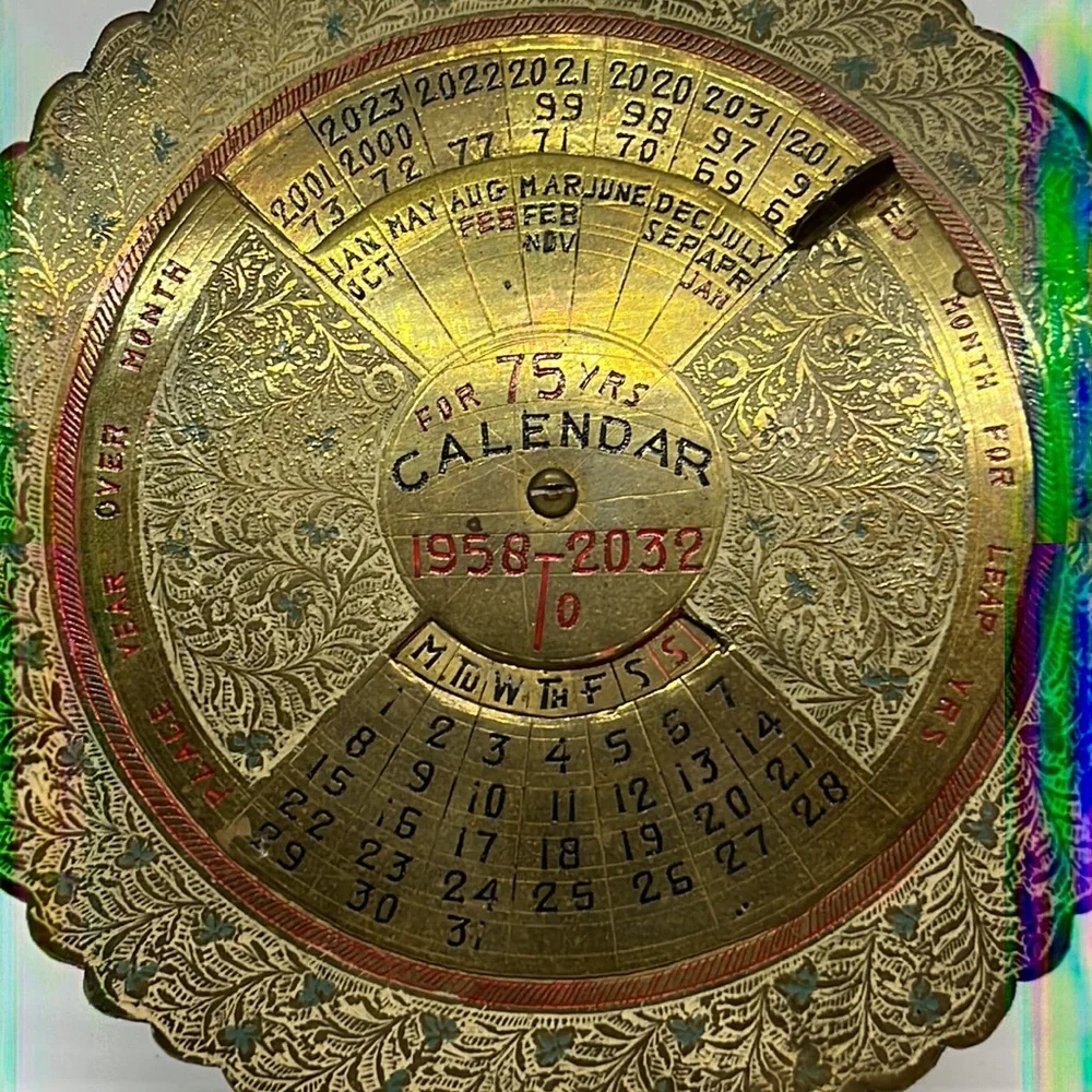 Vintage Brass 75 Year Calendar, 1958 to 2032, Made in India